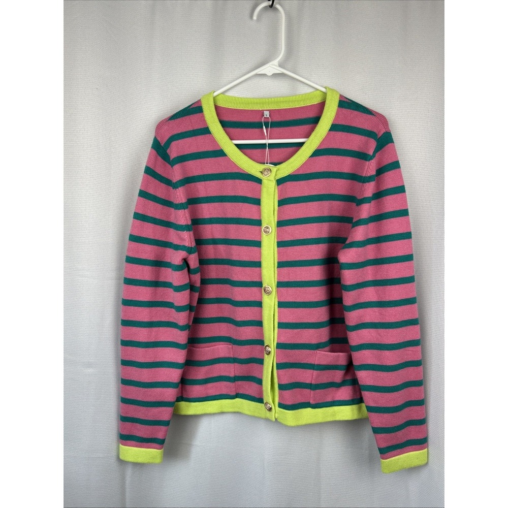 Pink Teal Lime Green Striped Cardigan Sweater Women's L Y2K Preppy Gold Buttons